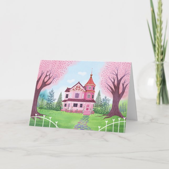 Pink Victorian House & Cherry Blossom Blank Card (Front)