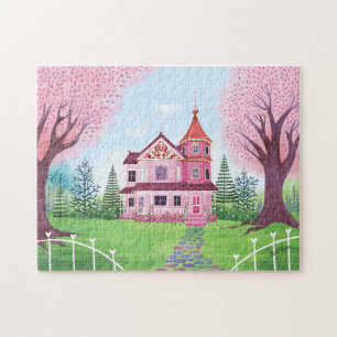 Pink Victorian House & Cherry Blossom Jigsaw Puzzle