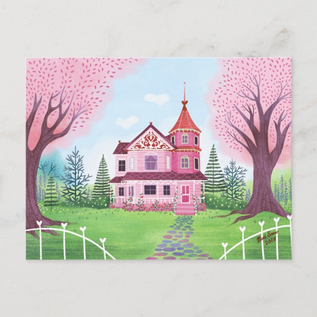 Pink Victorian House & Cherry Blossom  Postcard (Front)
