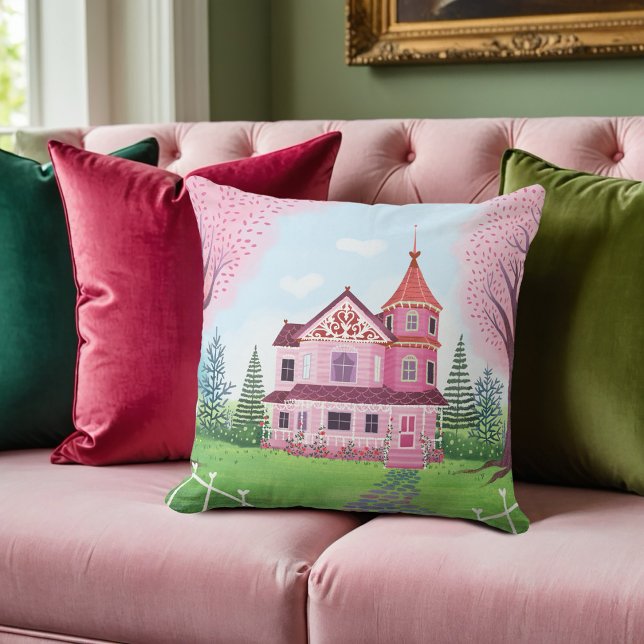 Pink Victorian House & Cherry Blossom Square Cushion (Creator Uploaded)