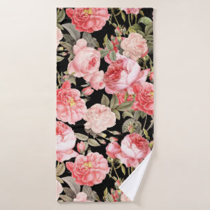 Pink Victorian Roses on Black Pattern Bath Towel Set