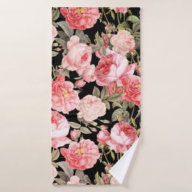 Pink Victorian Roses on Black Pattern Bath Towel Set (Bath Towel)