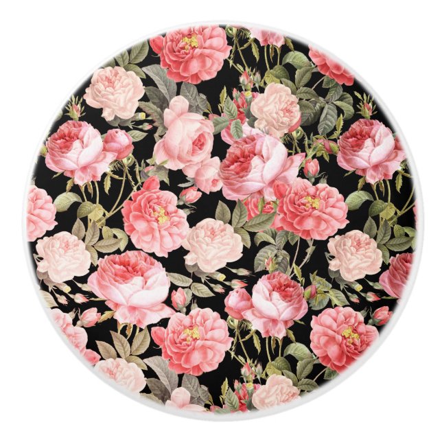 Pink Victorian Roses on Black Pattern Ceramic Knob (Front)