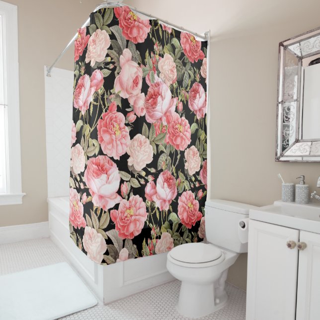 Pink Victorian Roses on Black Pattern Shower Curtain (In Situ)