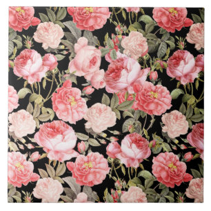 Pink Victorian Roses on Black Pattern Tile