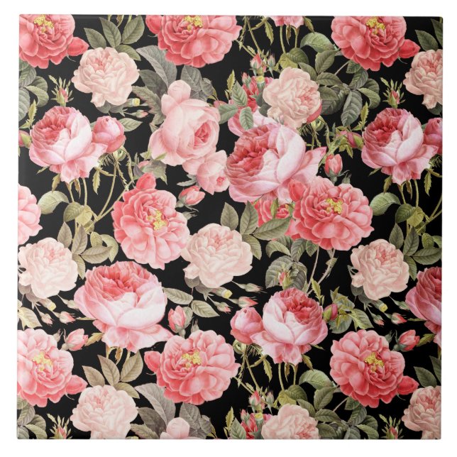 Pink Victorian Roses on Black Pattern Tile (Front)