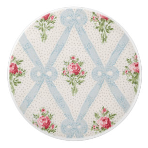 Pink Victorian Roses w/Blue Ribbon Lattice Ceramic Knob