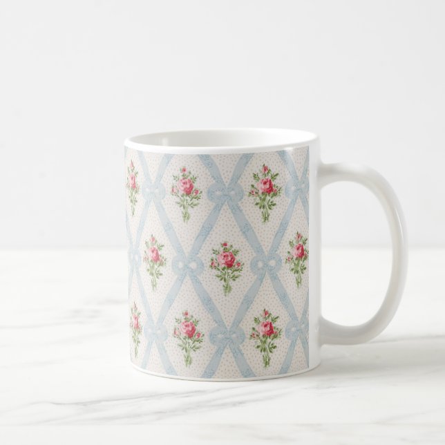 Pink Victorian Roses w/Blue Ribbon Lattice Coffee Mug (Right)