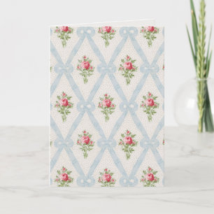 Pink Victorian Roses w/Blue Ribbon Lattice Thank You Card