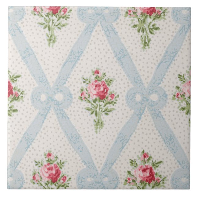 Pink Victorian Roses w/Blue Ribbon Lattice Tile (Front)