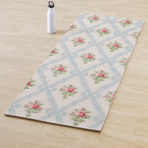 Pink Victorian Roses w/Blue Ribbon Lattice Yoga Mat