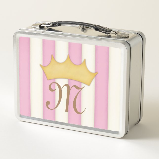Pink Victorian Stripes Crowned Monogram Princess Metal Lunch Box (Back)
