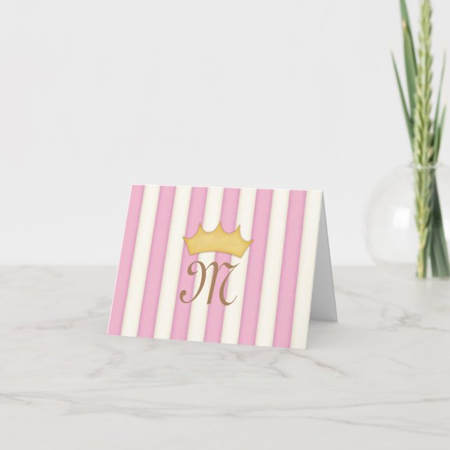 Pink Victorian Stripes Crowned Monogram Thank You Card (Front)
