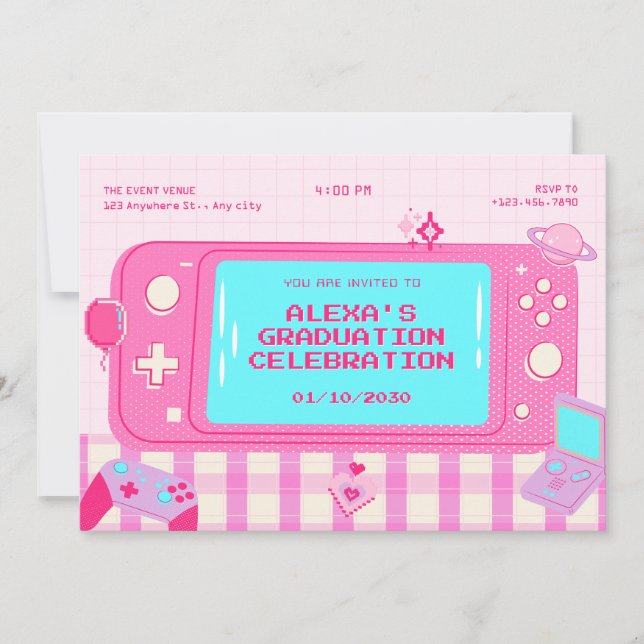Pink video game retro graduation invitation (Front)