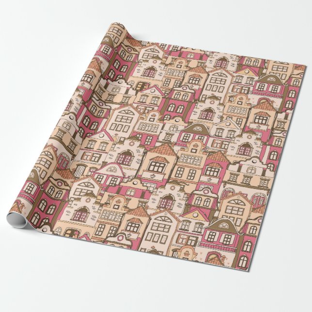 Pink Village Neighbourhood City Homes Welcome Wrapping Paper (Unrolled)