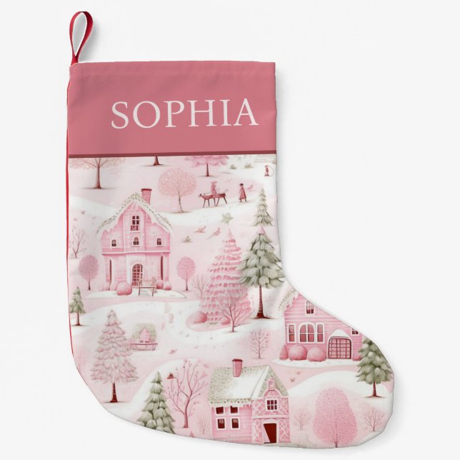 Pink Village Winter Wonderland Girls Small Christmas Stocking (Front)