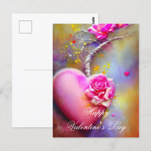 Pink vine heart and rose valentine postcard