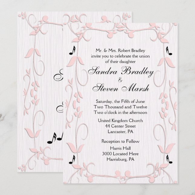 Pink Vines and Music Notes Wedding Invitation (Front/Back)
