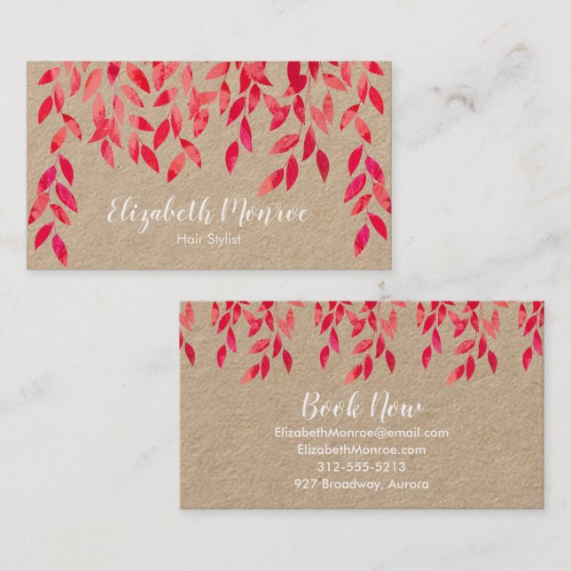 Pink Vines Foliage Hair Stylist Salon Makeup Kraft Business Card (Front/Back)