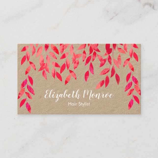 Pink Vines Foliage Hair Stylist Salon Makeup Kraft Business Card (Front)