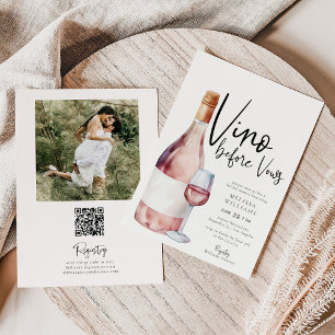 Pink Vino Before Vows Qr Code Photo Bridal Shower Invitation