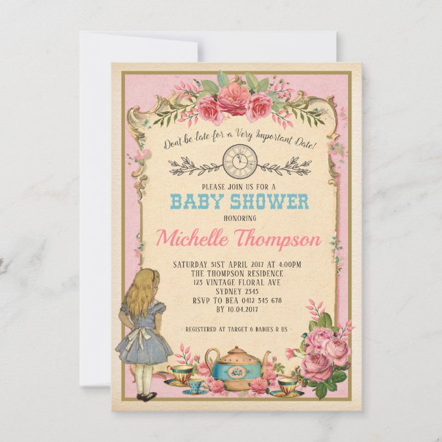 Pink Vintage Alice in Wonderland Tea Party Invite (Front)