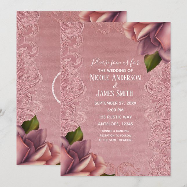 Pink Vintage Antique Dusty Rose Elegant Wedding Invitation (Front/Back)
