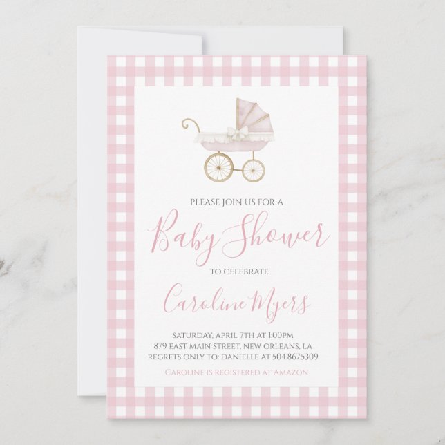Pink Vintage Baby Carriage Baby Girl Shower Invitation (Front)