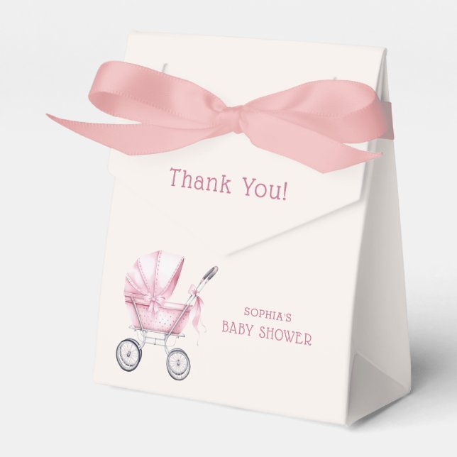 Pink Vintage Baby Carriage Baby Shower Favour Box (Front Side)