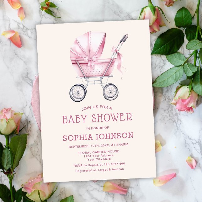 Pink Vintage Baby Carriage Baby Shower Invitation (Creator Uploaded)