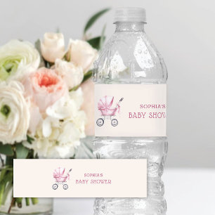 Pink Vintage Baby Carriage Baby Shower Water Bottle Label