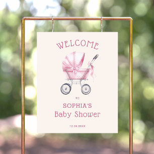 Pink Vintage Baby Carriage Baby Shower Welcome Poster