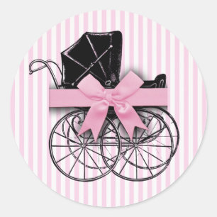 Pink Vintage Baby Carriage Pram with Ribbon Classic Round Sticker
