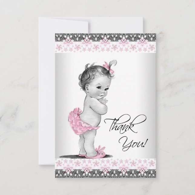 Pink Vintage Baby Girl Thank You Card (Front)