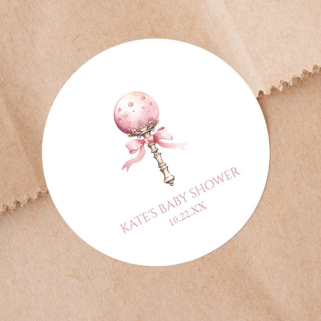 Pink Vintage Baby Rattle Toy Nursery Baby Shower Classic Round Sticker (Creator Uploaded)