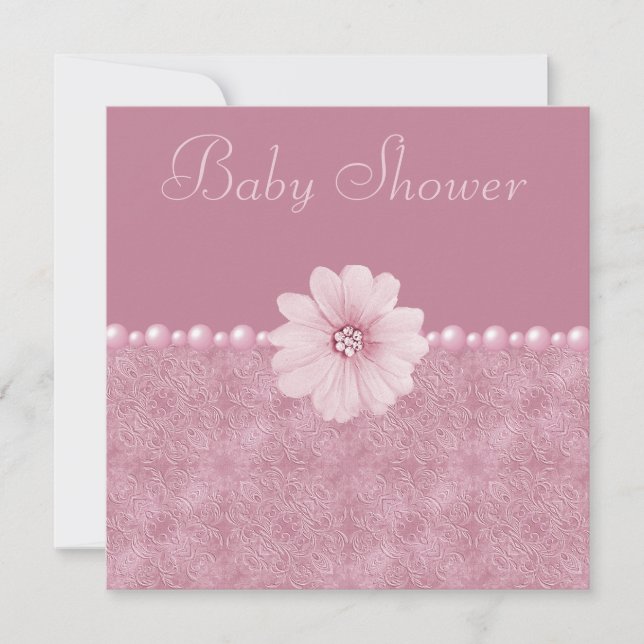 Pink Vintage Baby Shower Bling Flowers & Pearls Invitation (Front)