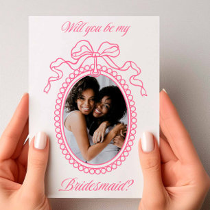 Pink Vintage Beaded Frame Bow Bridesmaid Proposal Invitation