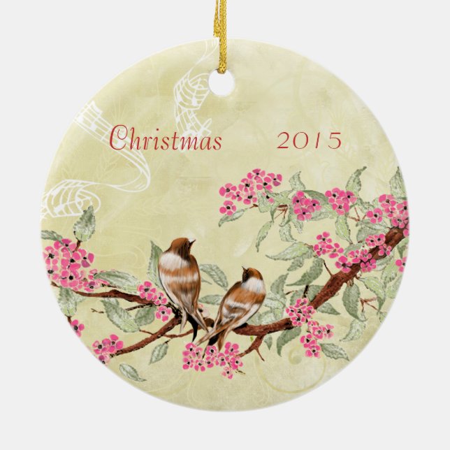 Pink Vintage Bird Christmas Couples Photo Ornament (Back)