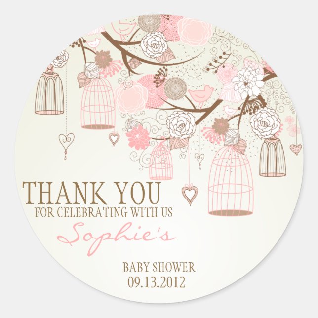 Pink Vintage Birdcages Floral Baby Shower Sticker (Front)