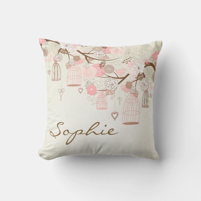 Pink Vintage Birdcages Floral Personalised Pillow (Front)