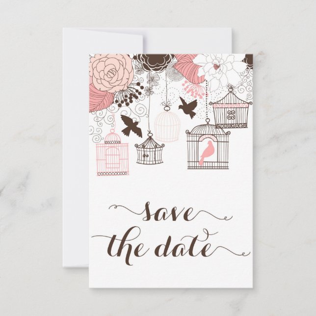 Pink Vintage Birdcages Floral Save the Date (Front)