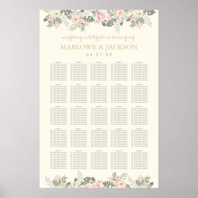 Pink Vintage Boho Floral Wedding Seating Poster (Front)