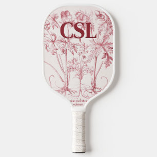 Pink Vintage Botanical Art Monogram Pickleball Paddle