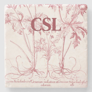 Pink Vintage Botanical Art Monogram Stone Coaster