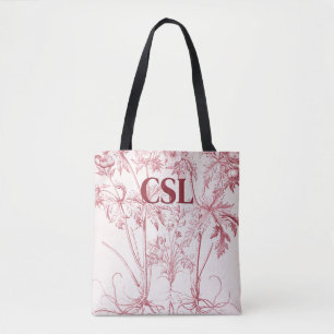 Pink Vintage Botanical Art Monogram Tote Bag