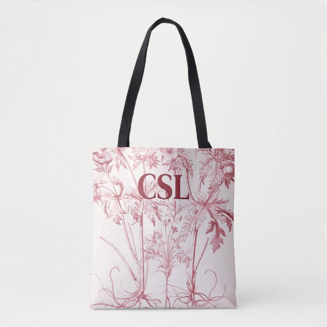 Pink Vintage Botanical Art Monogram Tote Bag (Front)