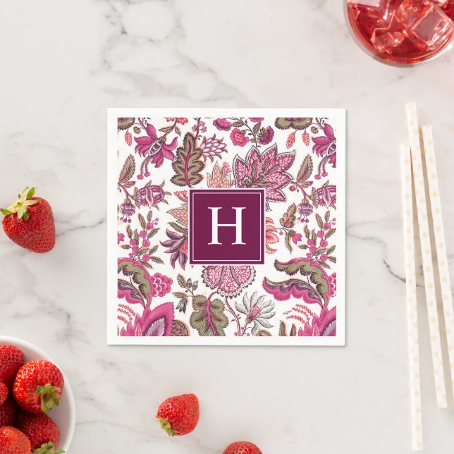 Pink Vintage Botanical Monogrammed Napkin (Insitu)