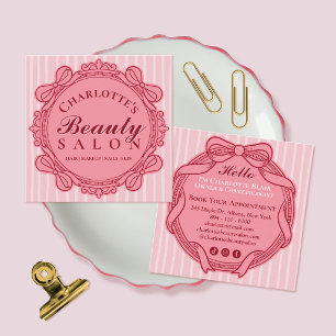 Pink Vintage Bow Frame Square Salon Business Card