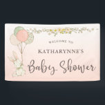 Pink Vintage Bunny Rustic Floral Baby Shower Banner<br><div class="desc">Cute Vintage Bunny Rustic Floral Baby Shower Welcome Banner in sweet shades of sage green, cream, and soft pink. This design features an adorable vintage bunny rabbit floating in with a bouquet of festive balloons with patterns of polka dots and gentle florals on a watercolor ombre cottage pink background. A...</div>