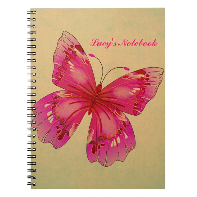 Pink vintage butterfly customisable name girl's notebook (Front)